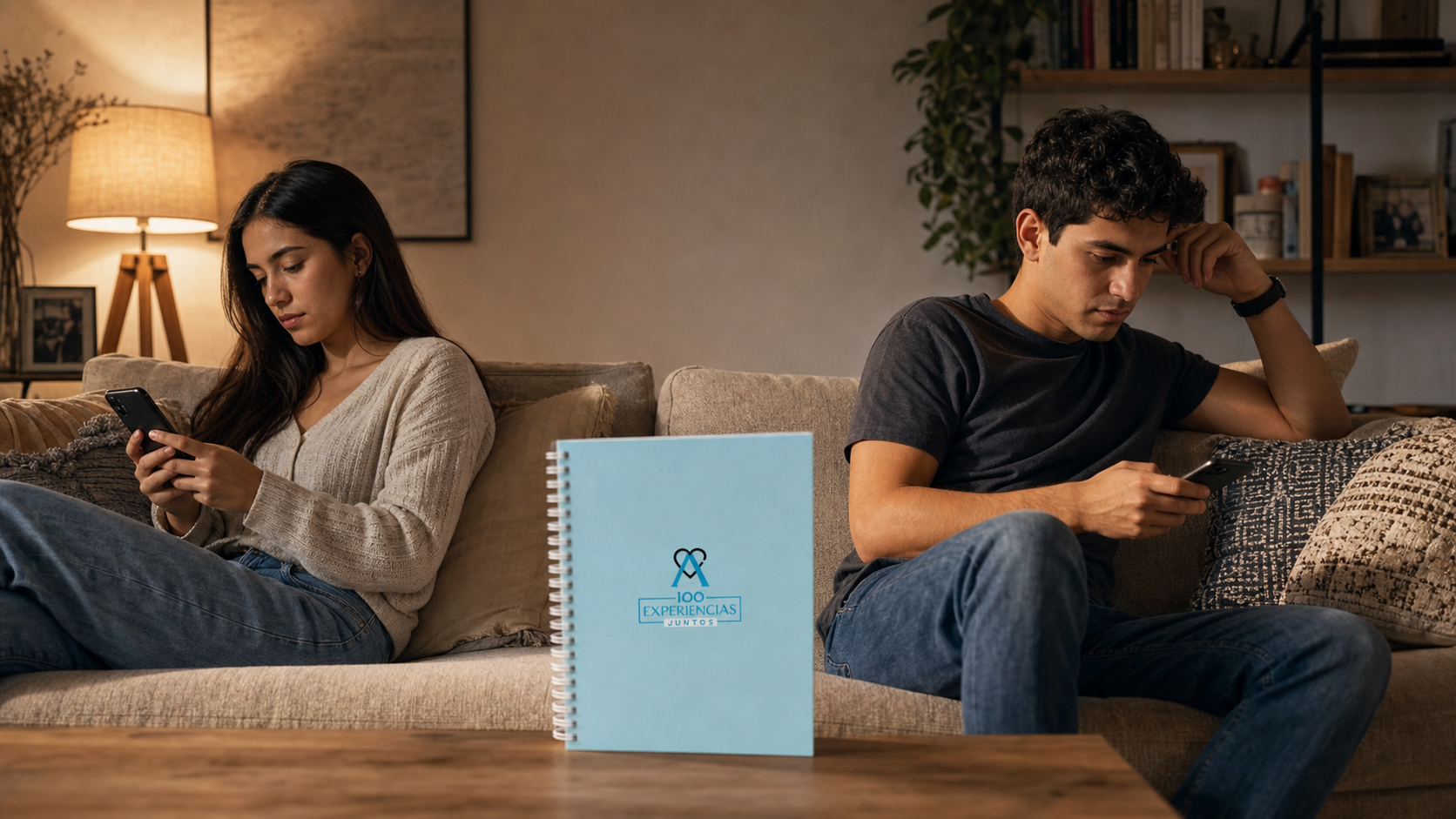 Pareja distante en el sillón cada uno en su celular, álbum cerrado en la mesa