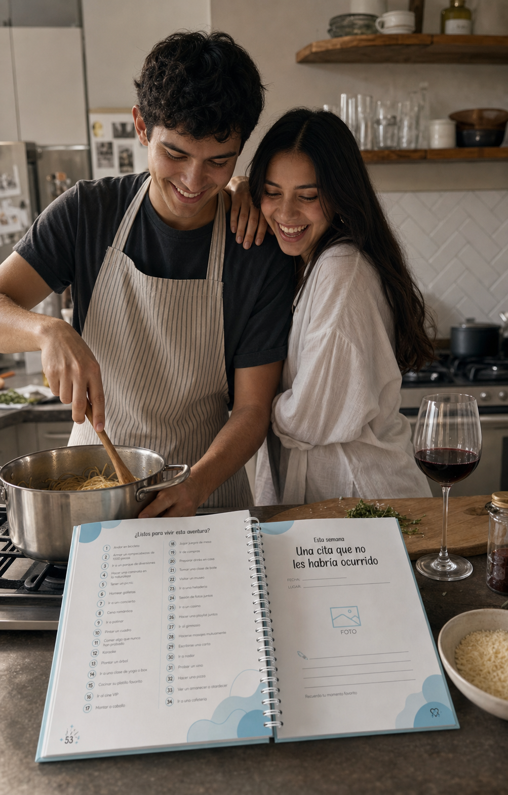 Pareja cocinando con el álbum abierto mostrando la lista de experiencias