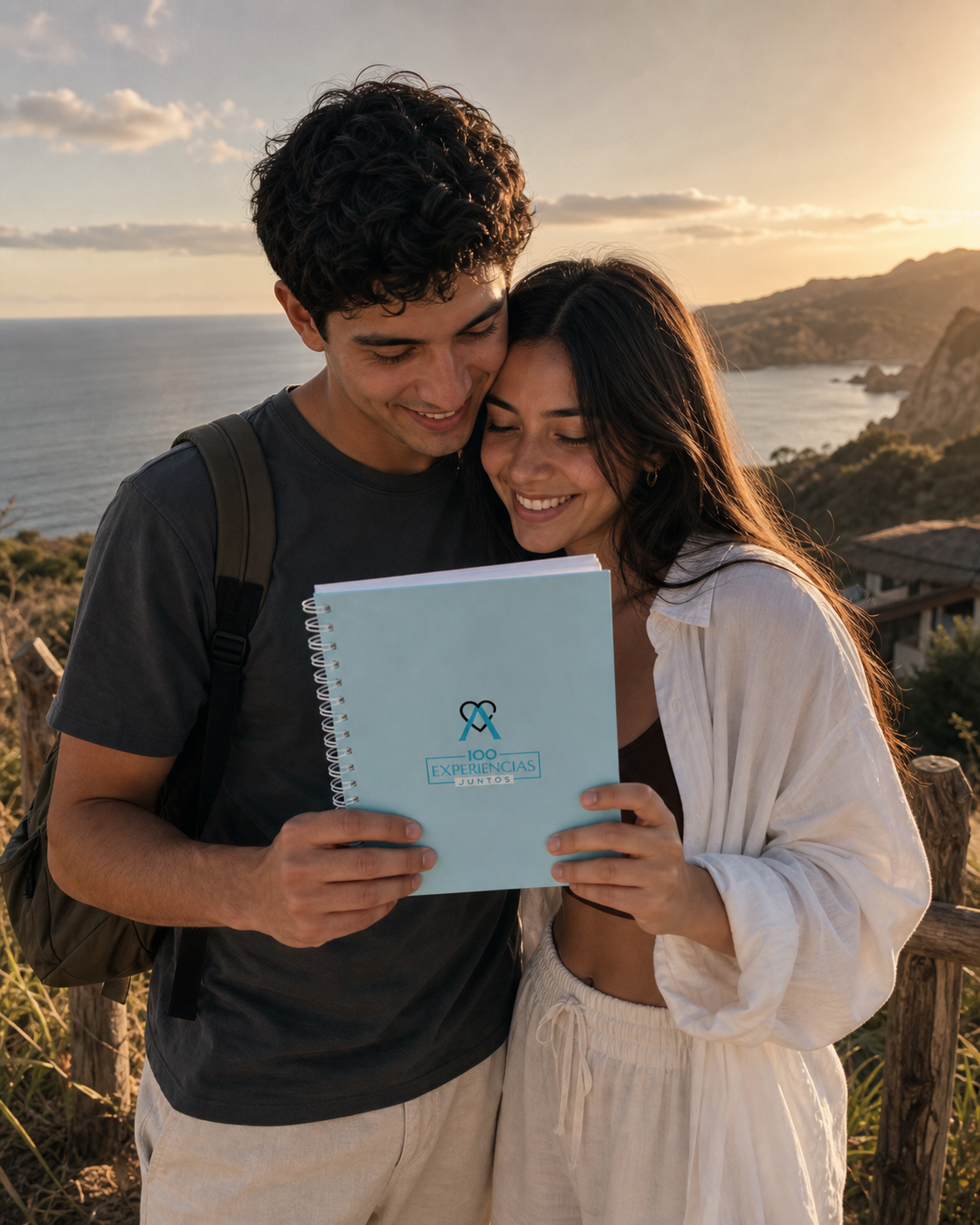 Pareja abrazada al atardecer frente al mar sosteniendo el álbum cerrado