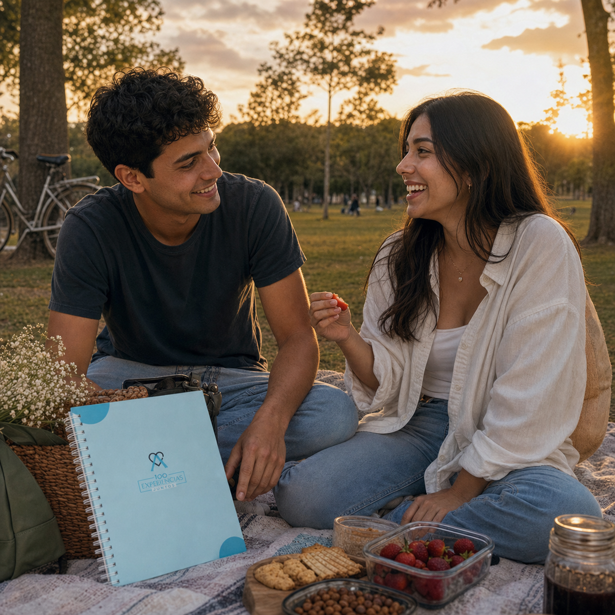 Pareja en picnic al atardecer con el álbum, comida ligera y bicis al fondo
